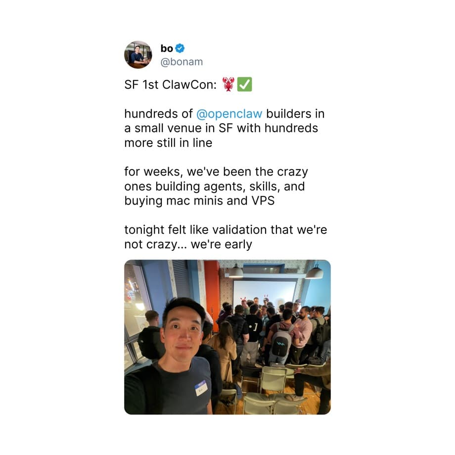 Bo Nam at the first SF ClawCon event with hundreds of OpenClaw builders